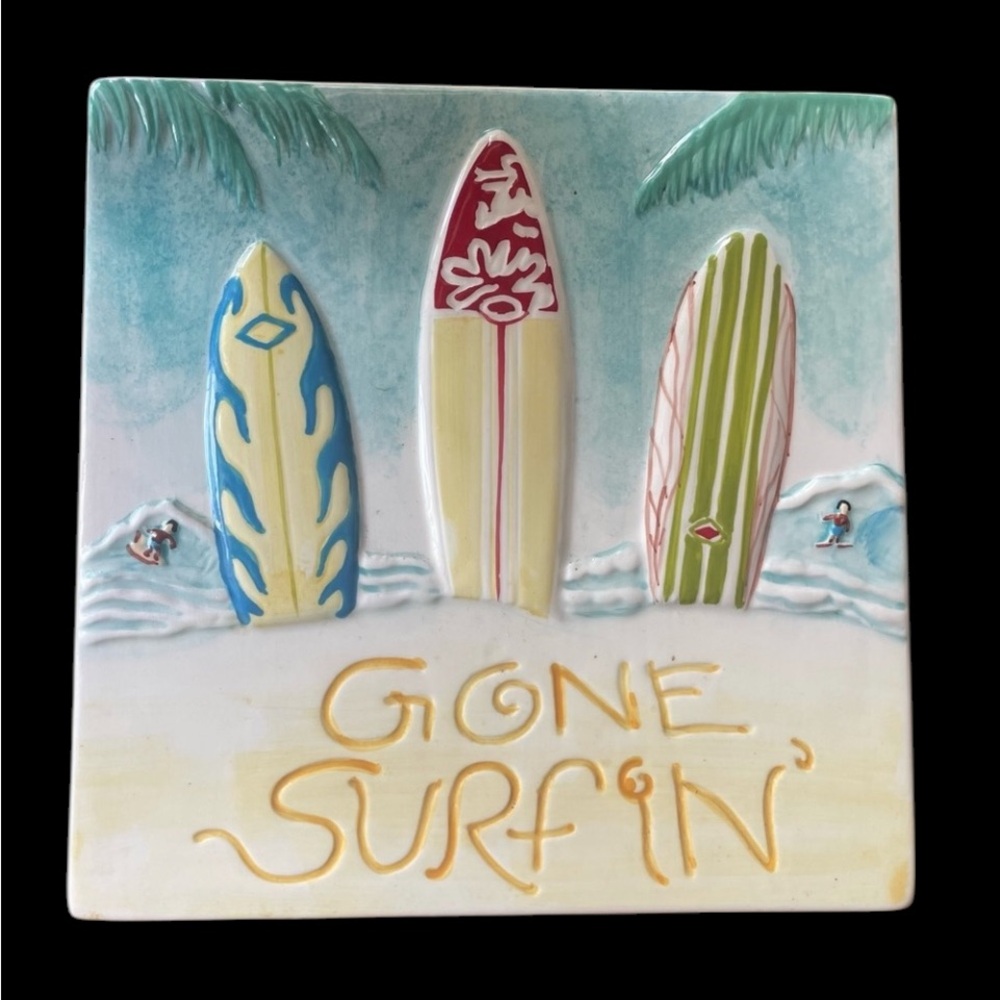Hand painted Gone Surfing Hanging Tile Wall Art Beach Surfer dude Surf board